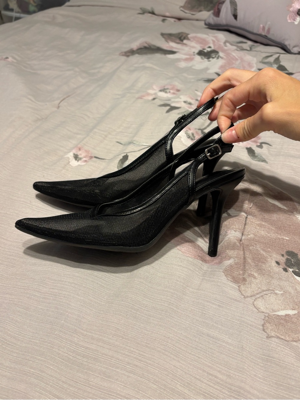 Elegant Black Slingback Pointed-Toe Mesh Heels